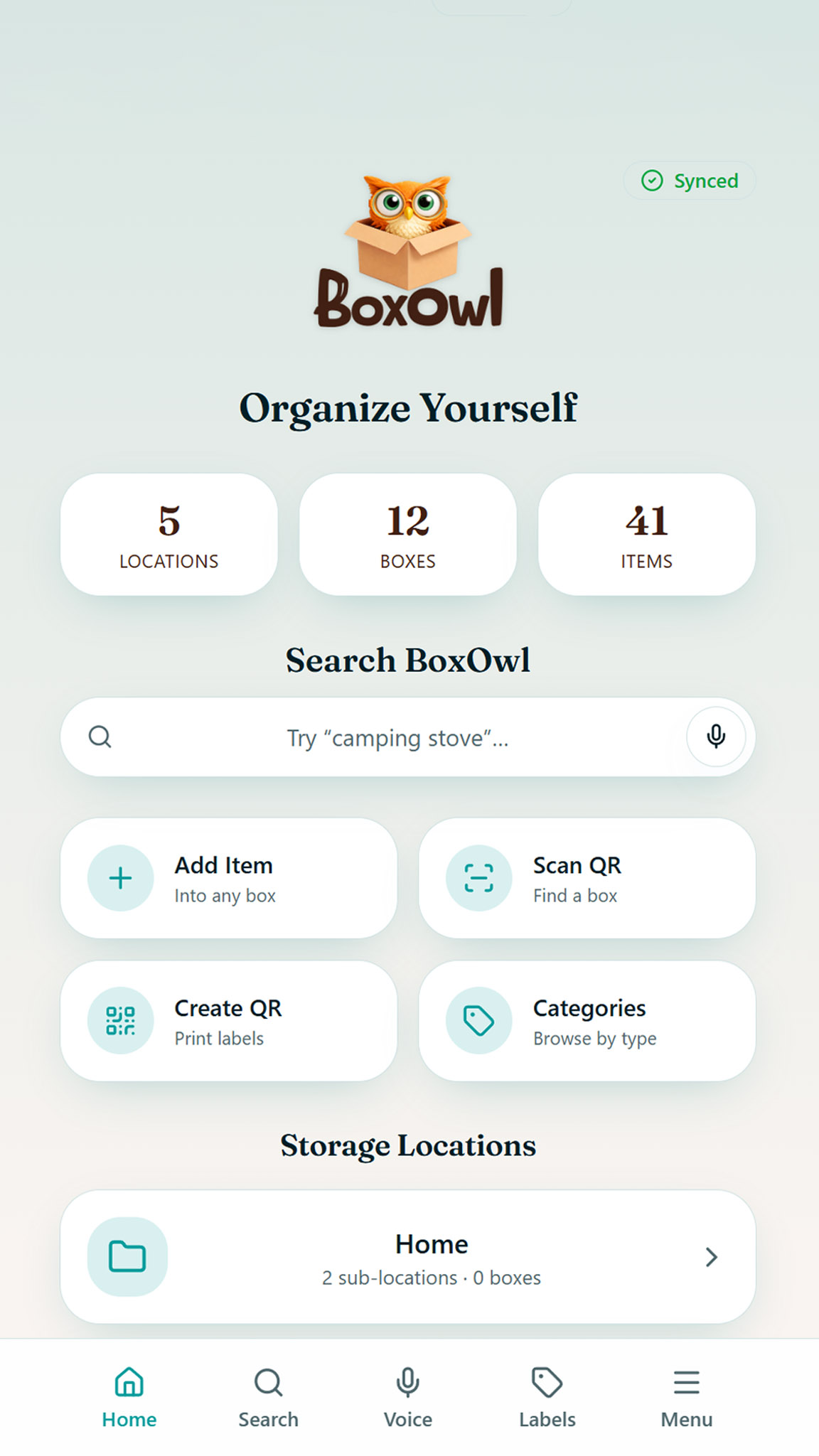 BoxOwl app home screen showing locations, boxes, items, search, QR tools and storage locations